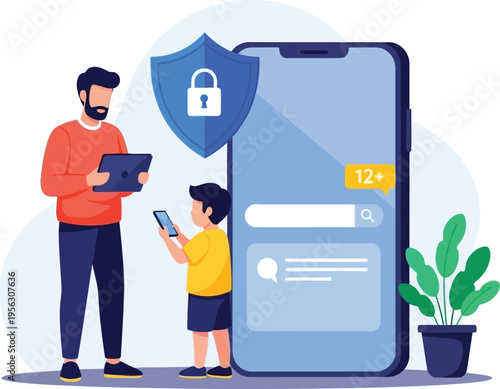 Protecting digital privacy and data security on smartphones with a parent and child, featuring a shield icon and a plant illustration