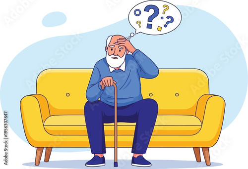 Elderly man sitting on a yellow sofa with a cane, looking confused with question marks in a thought bubble above his head