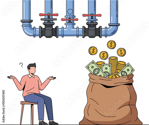 A confused person sitting near a bag of money with pipes and valves above, symbolizing financial decisions and resource management
