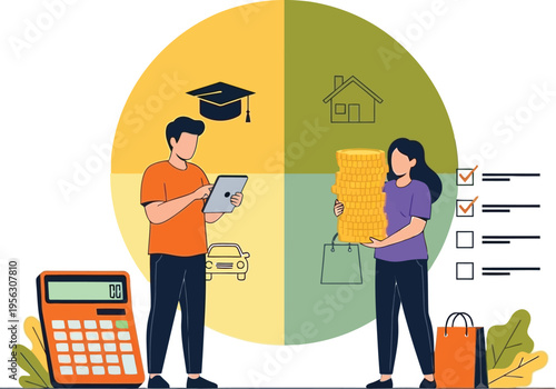 Financial planning concept illustration showing budgeting for education, housing, transportation, and shopping with a calculator