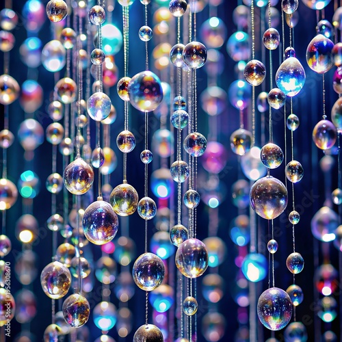 Abstract Hanging Glass Bubbles Background with Colorful Light Bokeh, Shiny Transparent Orbs, Luxury Festive Decorative Pattern