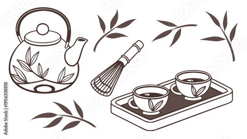 Japanese tea set: line drawing of teapot and cups. Japanese culture. Tea ceremony utensils. Asian tradition.