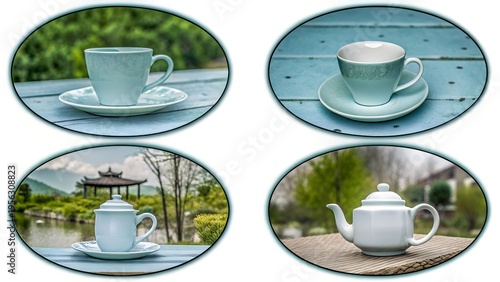 Tea Cup and Teapot Collage on Outdoor Table