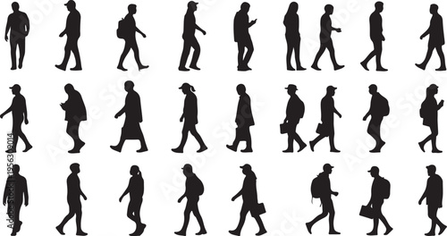 Silhouettes of people walking in various business attire styles