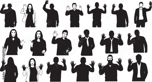 Silhouettes of people gesturing in various poses and outfits