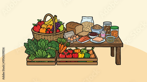Fresh fruits and vegetables arranged in basket promoting balanced healthy diet