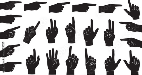 Collection of various hand gestures and pointing silhouettes