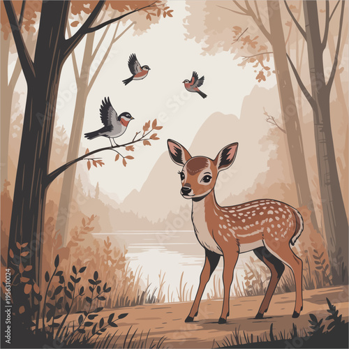 Fawn by a lake with birds in a forest setting deer