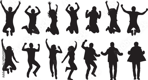 Silhouettes of people jumping and celebrating with joy freely