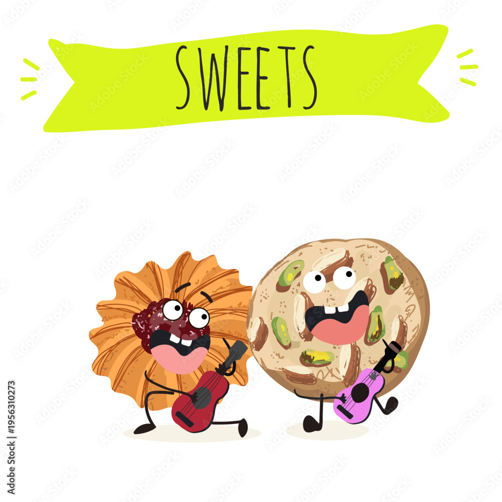 Naklejka premium Funny Characters Kurabiye, Kurabie, Ghorayeba, Qurabiya, dessert, hand drawn vector illustration.
