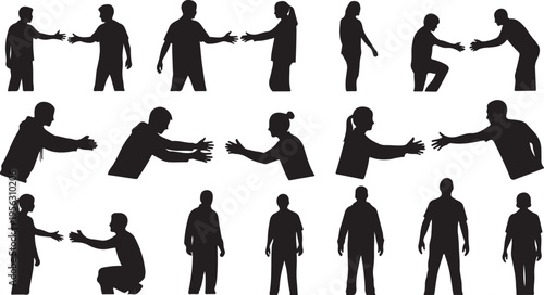 Silhouettes of businessmen in various poses and interactions black