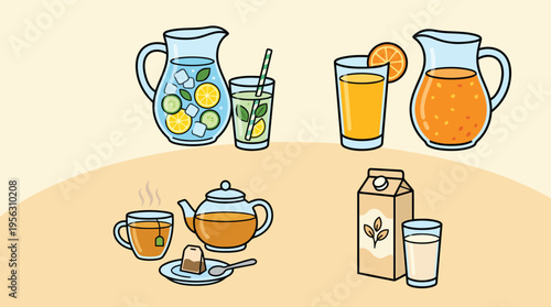 Various healthy drinks including juice tea and water on table