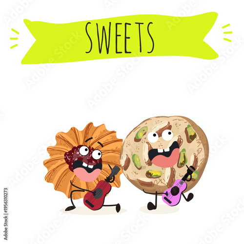 Funny Characters Kurabiye, Kurabie, Ghorayeba, Qurabiya, dessert, hand drawn vector illustration.