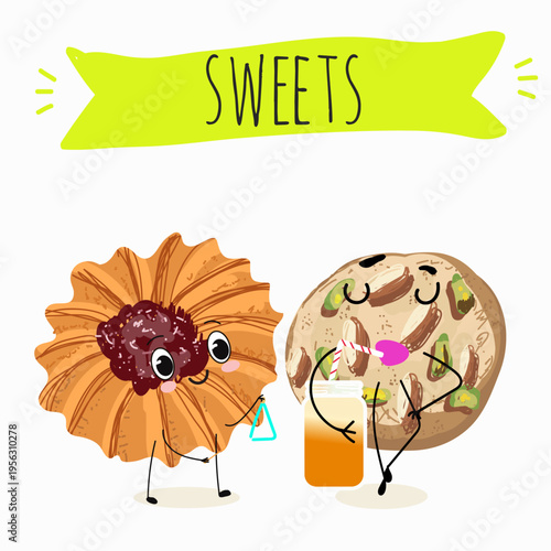 Funny Characters Kurabiye, Kurabie, Ghorayeba, Qurabiya, dessert, hand drawn vector illustration.