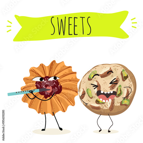 Funny Characters Kurabiye, Kurabie, Ghorayeba, Qurabiya, dessert, hand drawn vector illustration.
