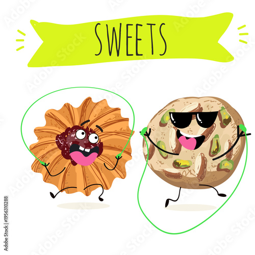 Funny Characters Kurabiye, Kurabie, Ghorayeba, Qurabiya, dessert, hand drawn vector illustration.