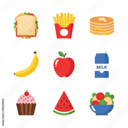 A vibrant collection of various food items including a sandwich, french fries, pancakes, fruits, milk, a cupcake, and a salad.