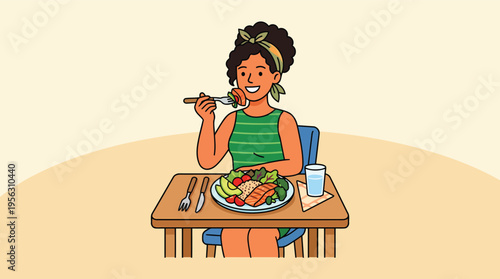 Woman eating healthy meal at table enjoying balanced diet