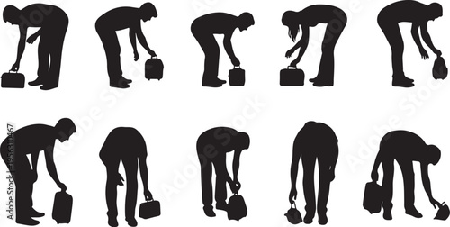 Silhouette of a man lifting a heavy suitcase slowly