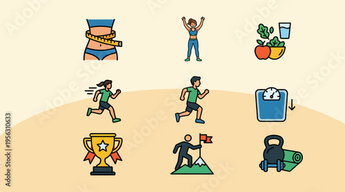 Weight loss journey from overweight to fit active person illustration