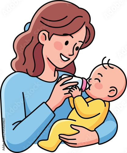 Smiling Mother Happily Bottle-Feeding Her Adorable Infant Baby