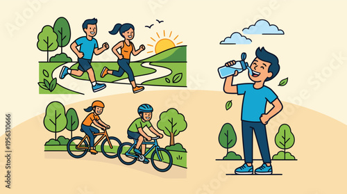People running cycling and drinking water for healthy lifestyle