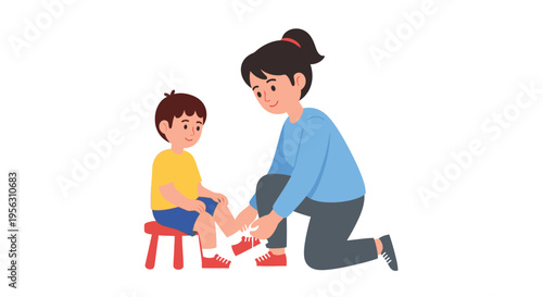 Mother Teaching Little Boy How to Tie His Shoe Laces