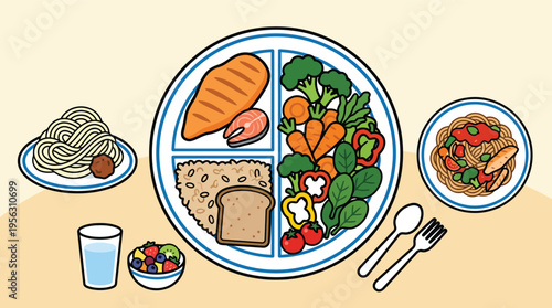 Balanced meal plate with vegetables grains and protein diet concept