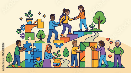 People helping each other climb stairs representing support and growth