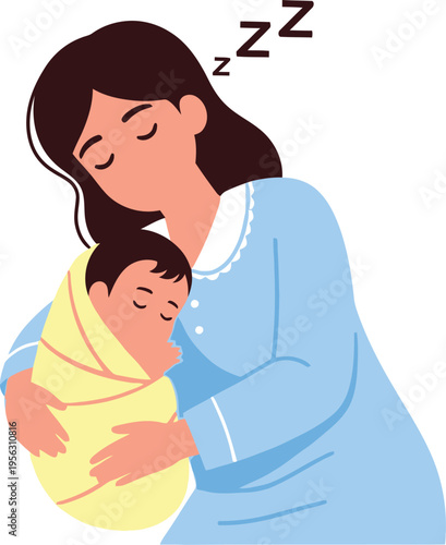 Mother holding sleeping baby in her arms illustration