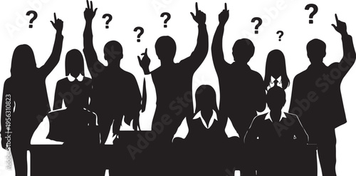 Silhouette of business people with question marks thinking together