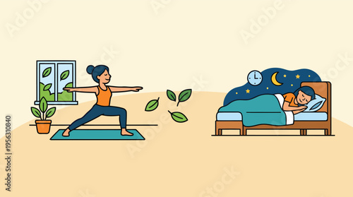 Morning yoga and good sleep routine promoting healthy lifestyle