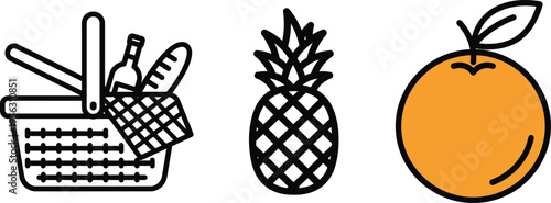Food and picnic basket icons including pineapple and orange fruits with wine and bread