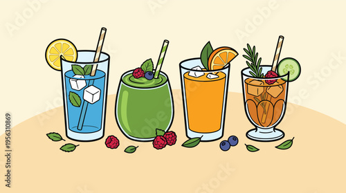 Fresh smoothies and fruit drinks representing healthy beverages