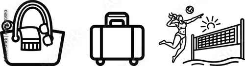 Travel and beach vacation icons with beach bag suitcase and volleyball player action