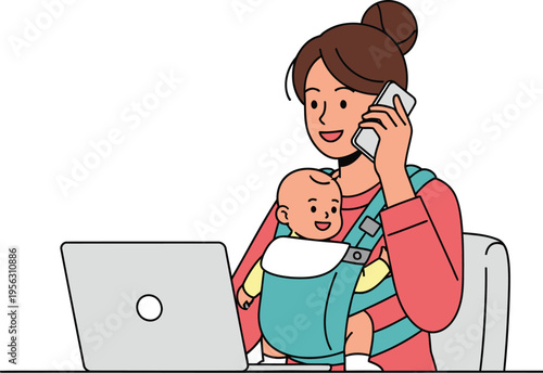 Mom working from home with baby in carrier
