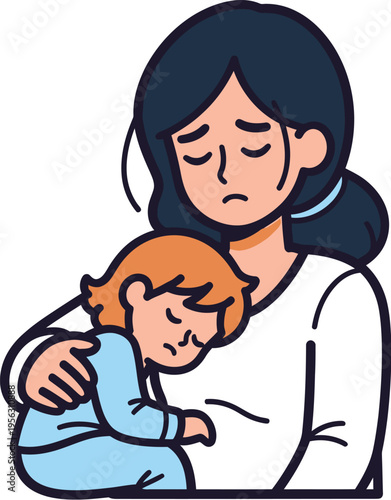 Distressed mother embracing her upset child with tender care