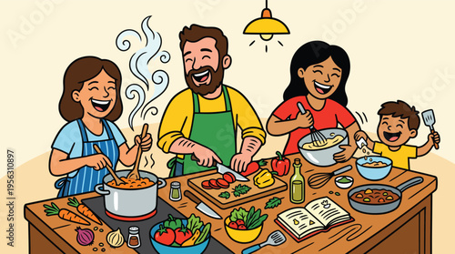 Family cooking together happily preparing healthy meals
