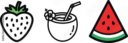 Summer fruits and drinks include strawberry coconut and watermelon slice