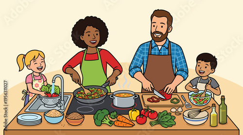 Parents and children cooking healthy meal together in kitchen