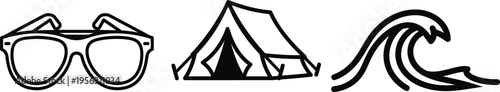 Black outline icons of sunglasses camping tent and ocean waves for summer vacation