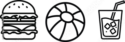 Summer leisure icons of tasty hamburger beach ball and refreshing iced drink