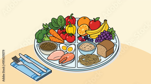 Healthy food plate with fruits vegetables and balanced diet