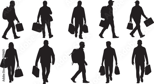 Silhouettes of people walking with luggage and bags outside