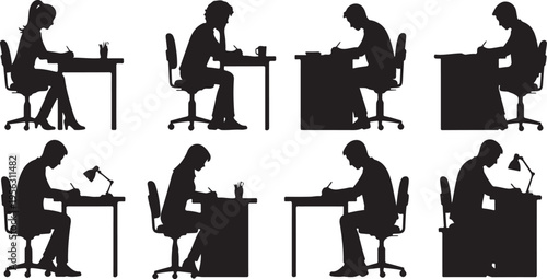 Silhouettes of people working at desks in various positions