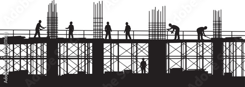 Silhouette of a bustling construction site with multiple workers actively building a multi-story structure, symbolizing urban development and hard labor
