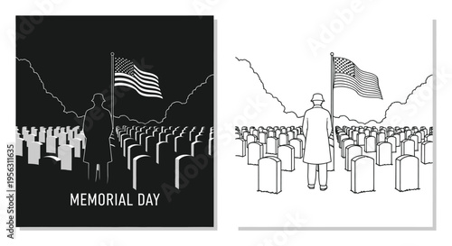 Memorial Day Soldier Cemetery Flag Vector