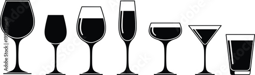Collection of various drinkware silhouettes including wine glass, champagne flute, martini glass, coupe, highball, shot glass flat vector