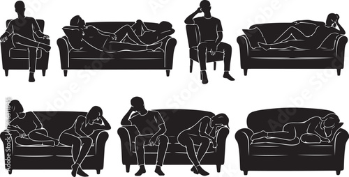 People sitting and lying on sofas in various poses
