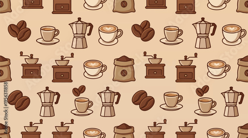 Coffee beans and cups p25.eps on a table with coffee makers and hearts